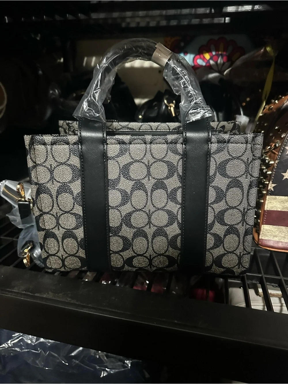 Gray & Black Patterned Tote Bag with Black Trim W/ Matching Wallet & Strap